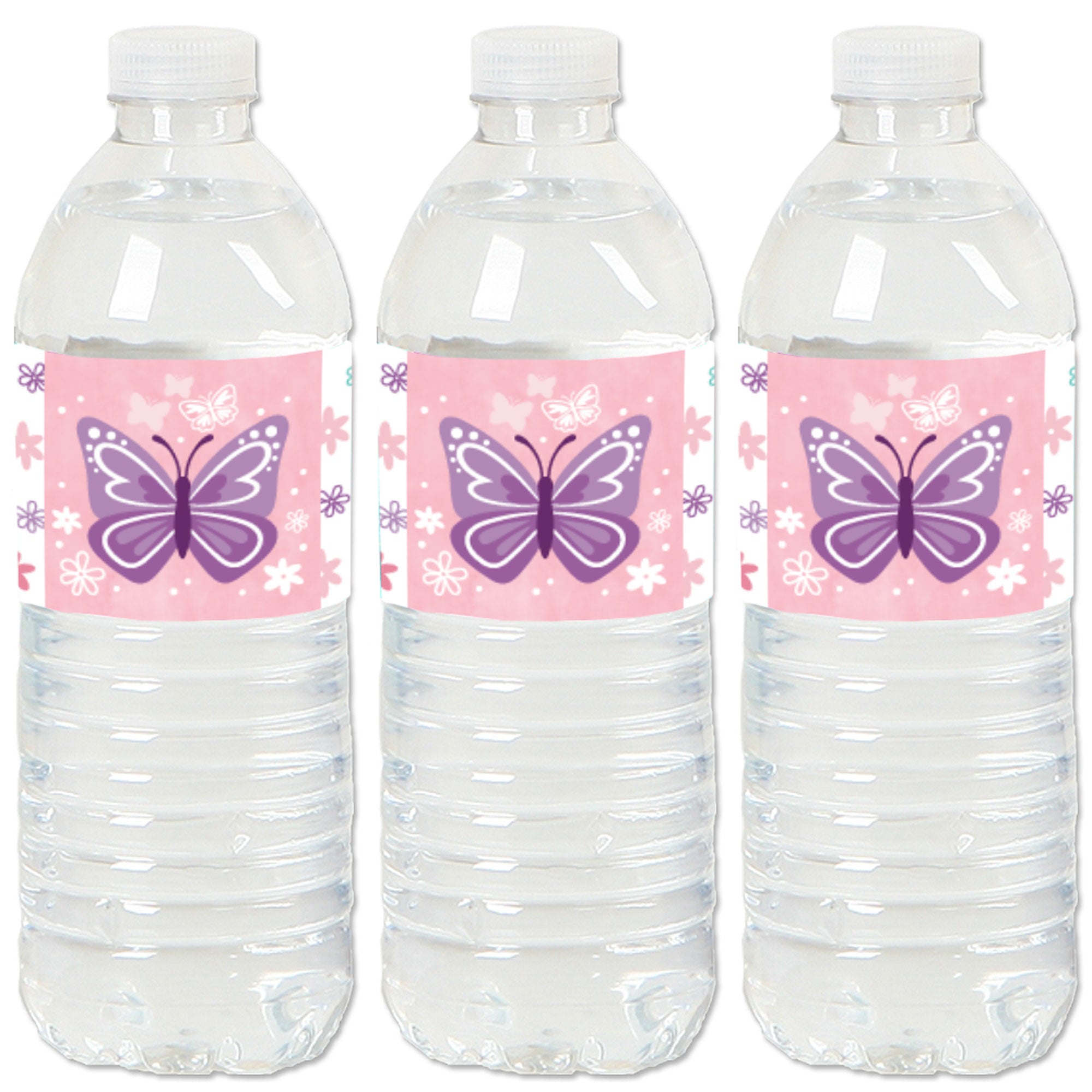 Beautiful Butterfly Floral Baby Shower or Birthday Party Water Bottle