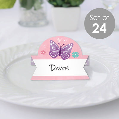 Beautiful Butterfly - Floral Baby Shower or Birthday Party Tent Buffet Card - Table Setting Name Place Cards - Set of 24