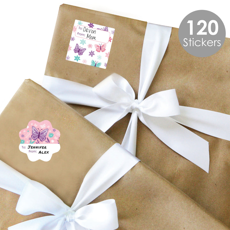 Beautiful Butterfly - Assorted Floral Baby Shower or Birthday Party Gift Tag Labels - To and From Stickers - 12 Sheets - 120 Stickers