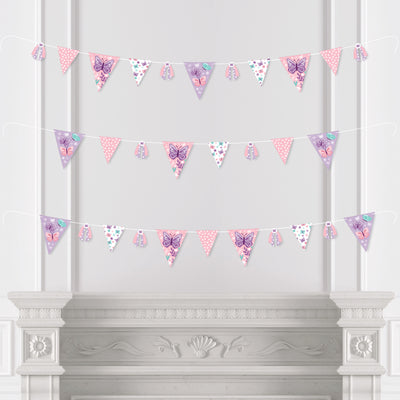 Beautiful Butterfly - DIY Floral Baby Shower or Birthday Party Pennant Garland Decoration - Triangle Banner - 30 Pieces