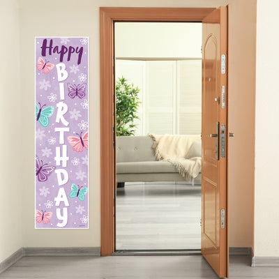 Beautiful Butterfly - Floral Birthday Party Front Door Decoration - Vertical Banner