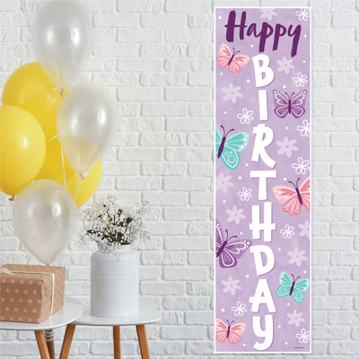 Beautiful Butterfly - Floral Birthday Party Front Door Decoration - Vertical Banner