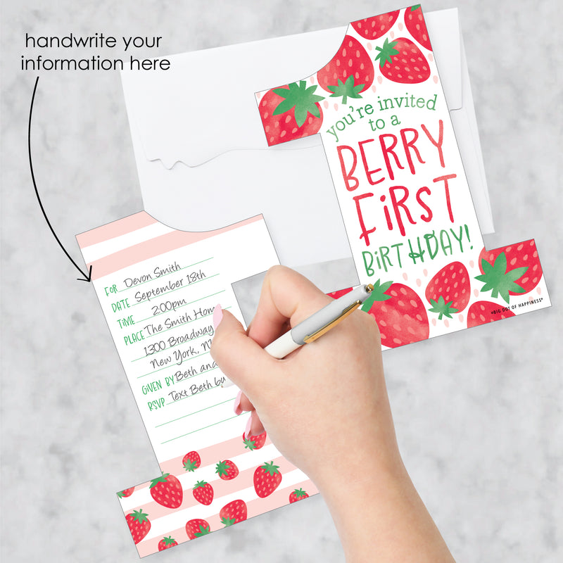 Berry First Birthday - Sweet Strawberry - Shaped Fill-In Invitations - Fruit 1st Birthday Party Invitation Cards with Envelopes - Set of 12