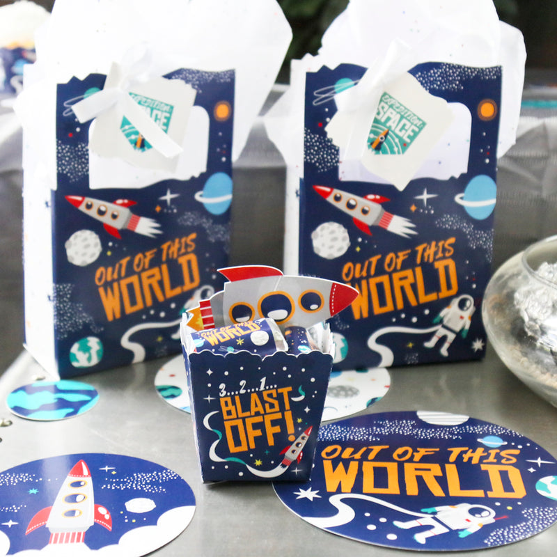 Blast Off to Outer Space - Party Mini Favor Boxes - Rocket Ship Baby Shower or Birthday Party Treat Candy Boxes - Set of 12