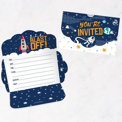 Blast Off to Outer Space - Fill-In Cards - Rocket Ship Baby Shower or Birthday Party Fold and Send Invitations - Set of 8