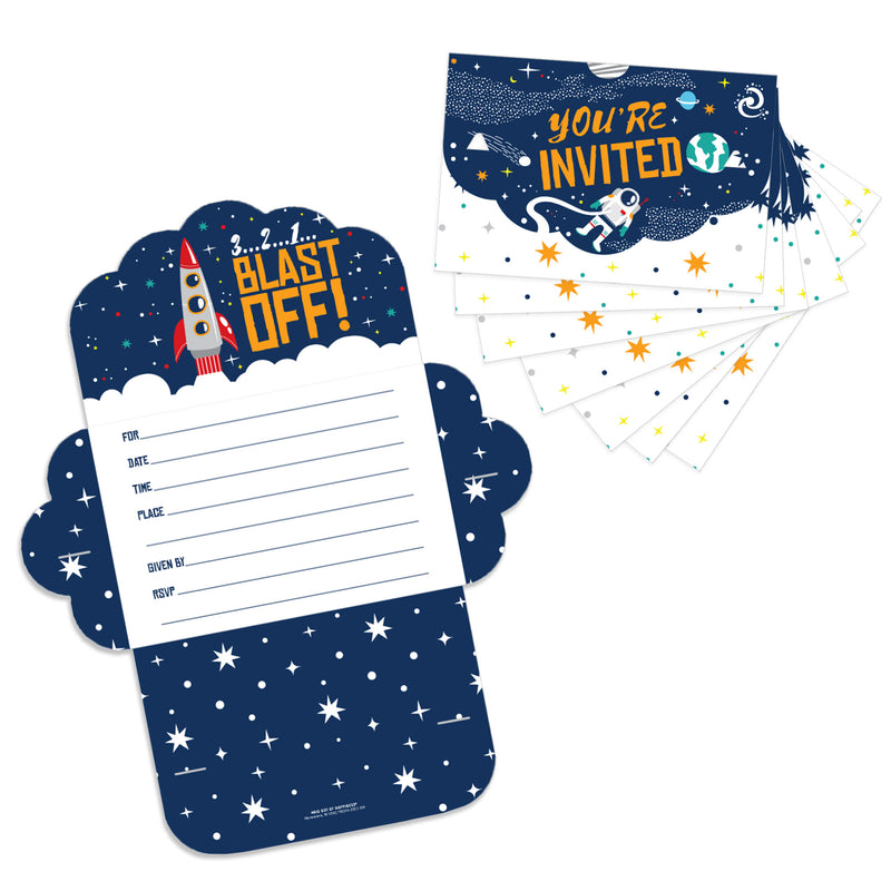 Blast Off to Outer Space - Fill-In Cards - Rocket Ship Baby Shower or Birthday Party Fold and Send Invitations - Set of 8