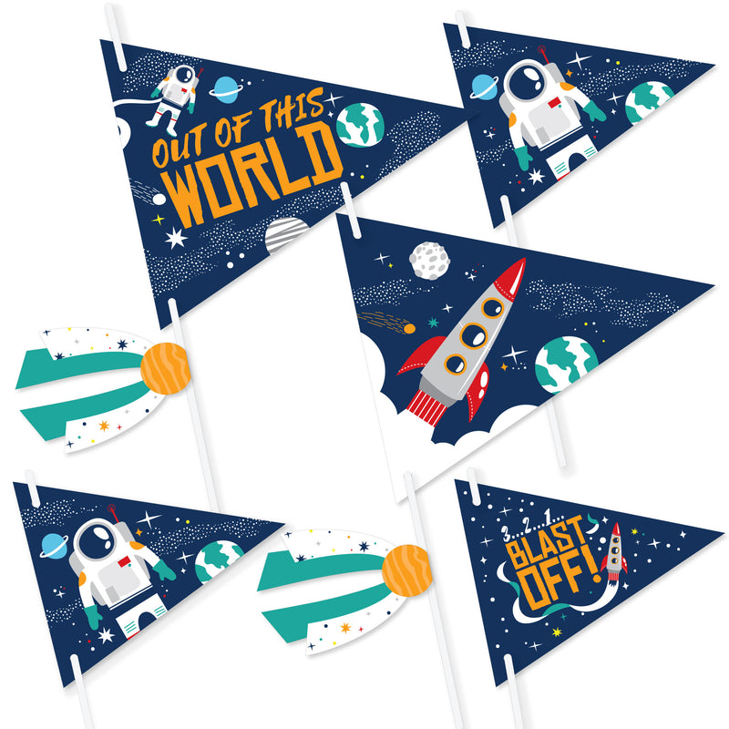 Blast Off to Outer Space - Triangle Rocket Ship Baby Shower or Birthday Party Photo Props - Pennant Flag Centerpieces - Set of 20