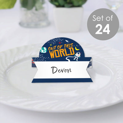 Blast Off to Outer Space - Rocket Ship Baby Shower or Birthday Party Tent Buffet Card - Table Setting Name Place Cards - Set of 24