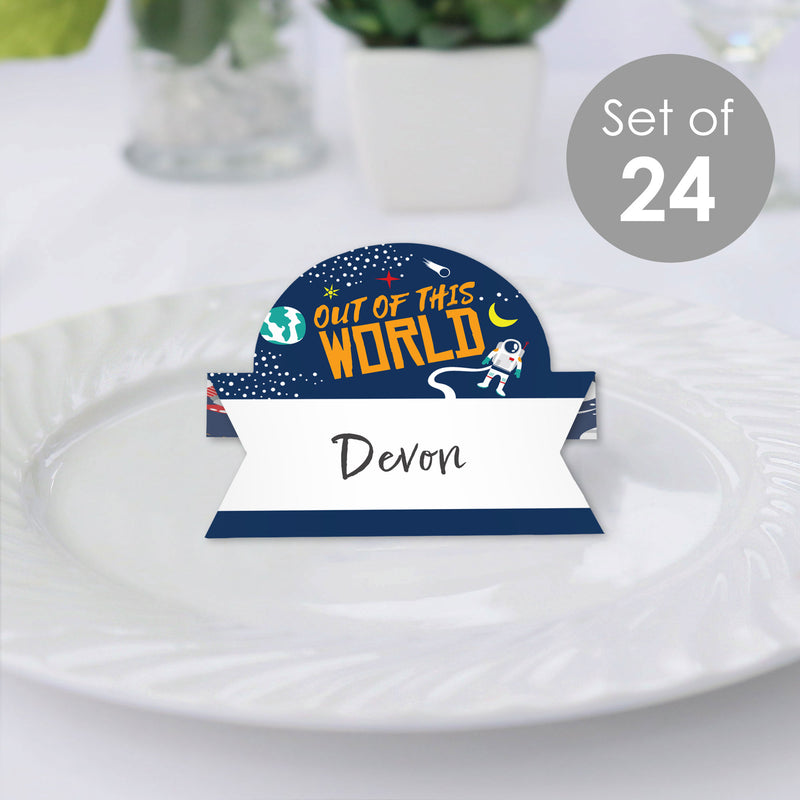 Blast Off to Outer Space - Rocket Ship Baby Shower or Birthday Party Tent Buffet Card - Table Setting Name Place Cards - Set of 24