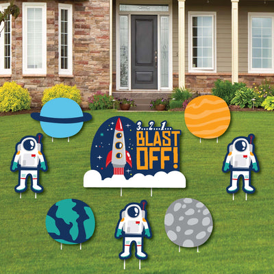 Blast Off to Outer Space - Yard Sign and Outdoor Lawn Decorations - Rocket Ship Baby Shower or Birthday Party Yard Signs - Set of 8