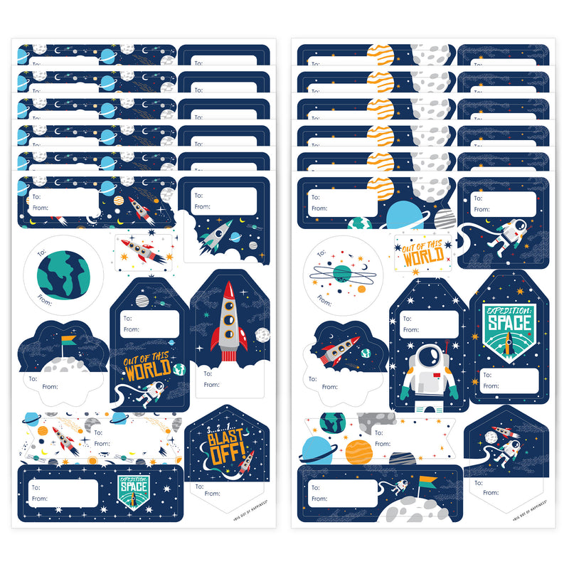 Blast Off to Outer Space - Assorted Rocket Ship Baby Shower or Birthday Party Gift Tag Labels - To and From Stickers - 12 Sheets - 120 Stickers