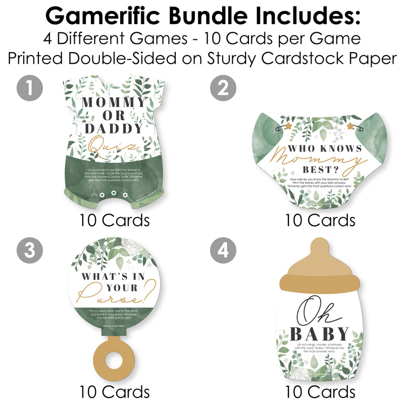 Boho Botanical Baby - 4 Greenery Baby Shower Games - 10 Cards Each - Gamerific Bundle