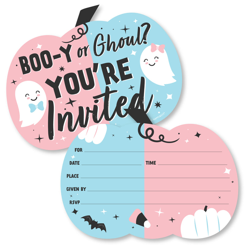 Boo-y or Ghoul - Shaped Fill-In Invitations - Halloween Gender Reveal Party Invitation Cards with Envelopes - Set of 12