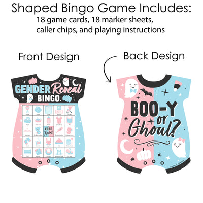 Boo-y or Ghoul - Picture Bingo Cards and Markers - Halloween Gender Reveal Party Shaped Bingo Game - Set of 18