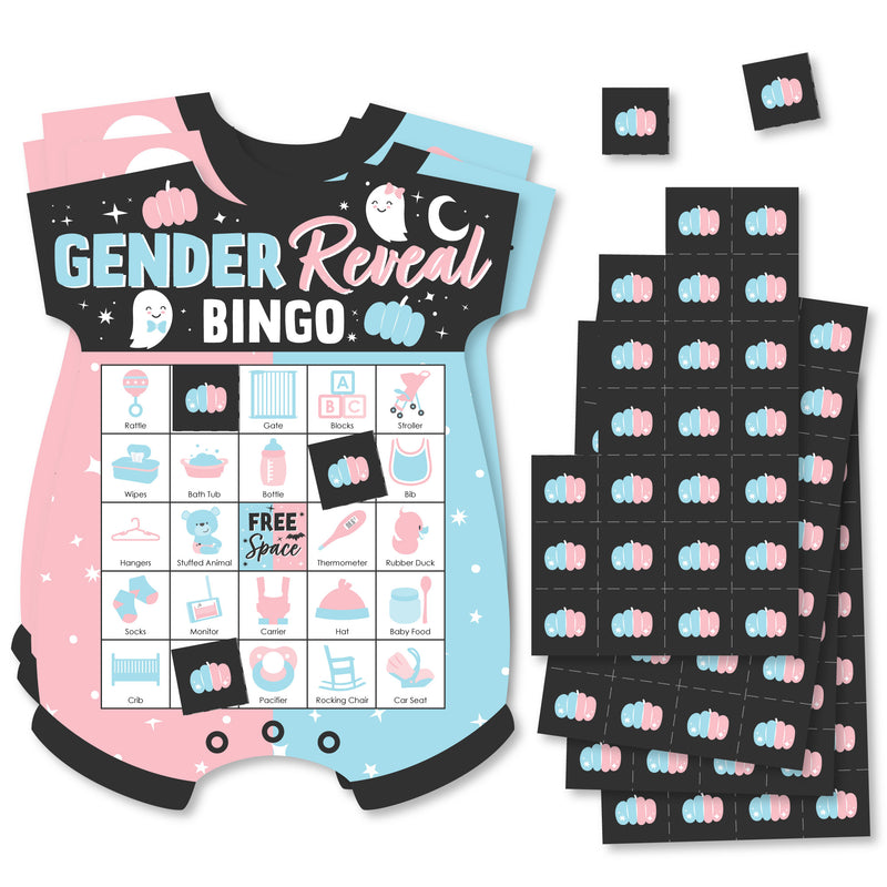 Boo-y or Ghoul - Picture Bingo Cards and Markers - Halloween Gender Reveal Party Shaped Bingo Game - Set of 18
