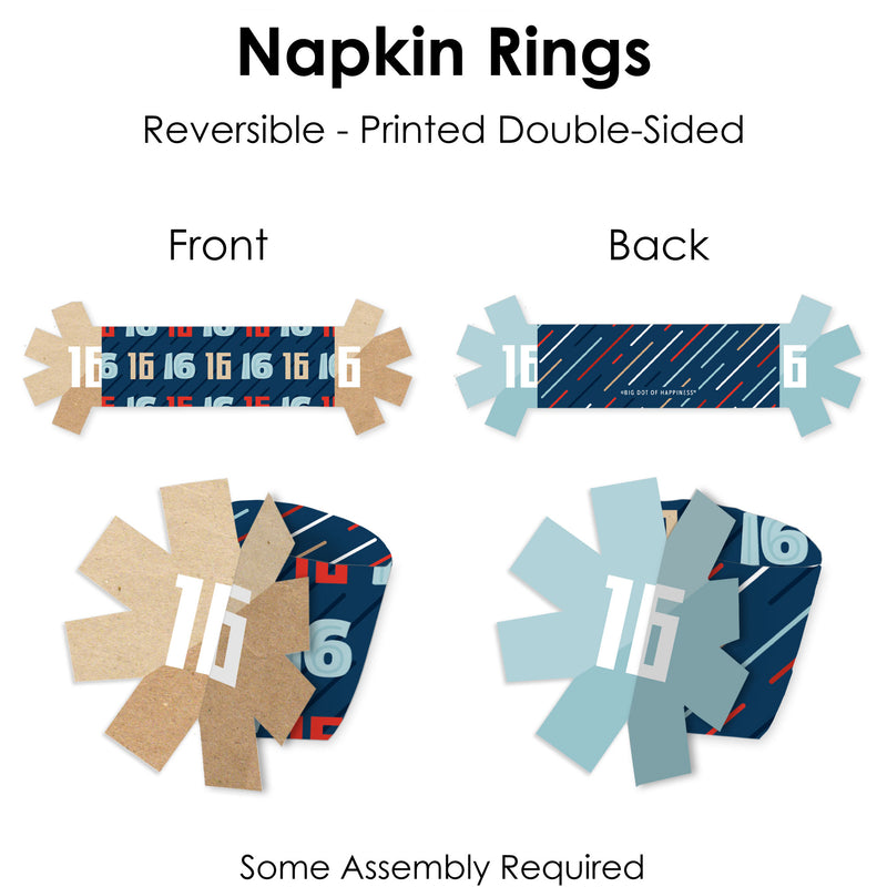 Boy 16th Birthday - Sweet Sixteen Birthday Party Paper Napkin Holder - Napkin Rings - Set of 24