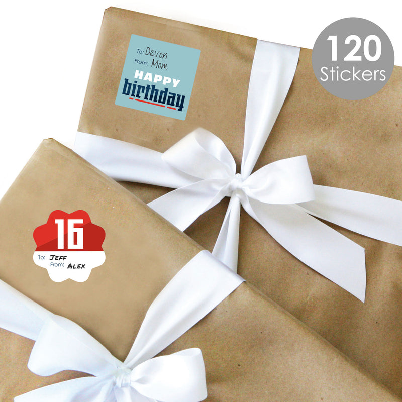 Boy 16th Birthday - Assorted Sweet Sixteen Birthday Party Gift Tag Labels - To and From Stickers - 12 Sheets - 120 Stickers
