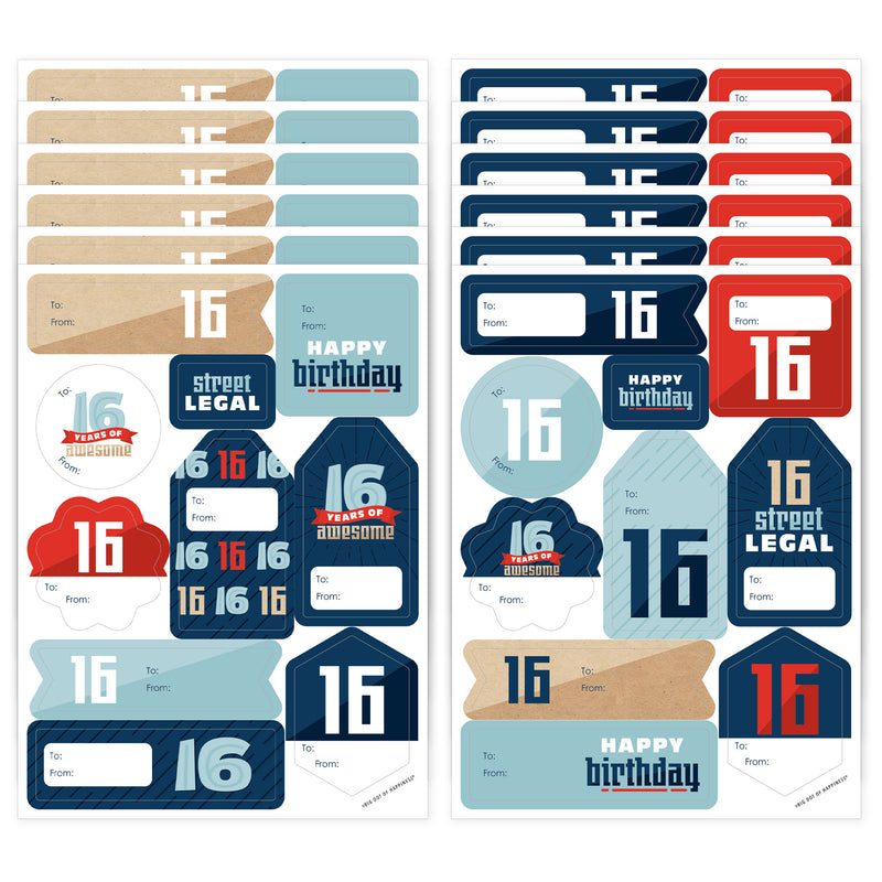 Boy 16th Birthday - Assorted Sweet Sixteen Birthday Party Gift Tag Labels - To and From Stickers - 12 Sheets - 120 Stickers