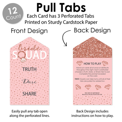 Bride Squad - Rose Gold Bridal Shower or Bachelorette Party Game Pickle Cards - Truth, Dare, Share Pull Tabs - Set of 12