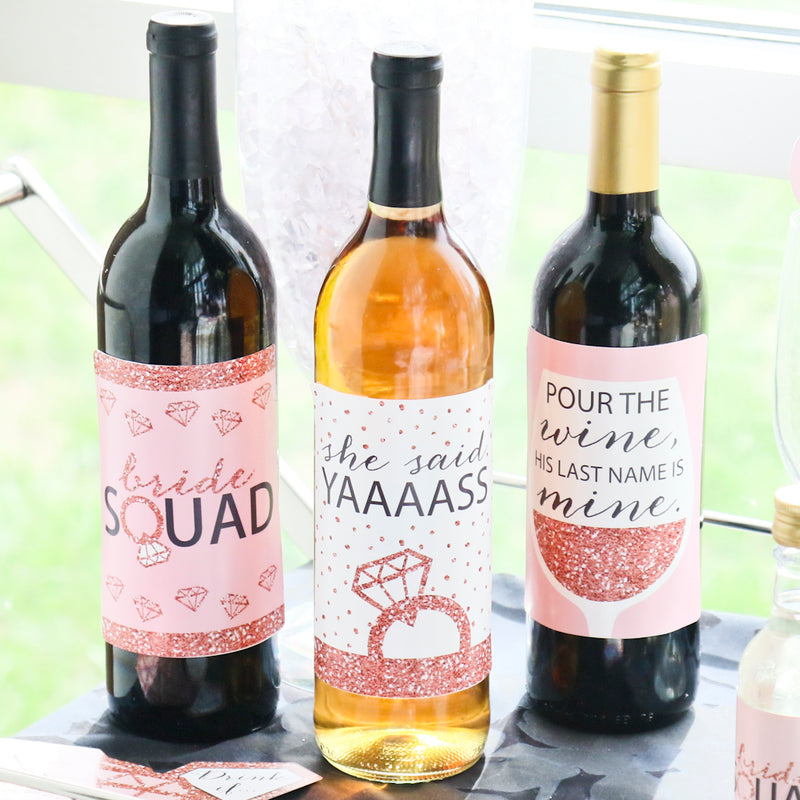 Bride Squad - Rose Gold Bridal Shower or Bachelorette Party Decorations for Women - Wine Bottle Label Stickers - Set of 4