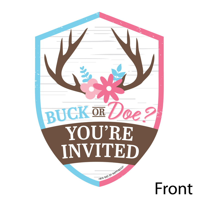 Buck or Doe - Shaped Fill-In Invitations - Hunting Gender Reveal Party Invitation Cards with Envelopes - Set of 12