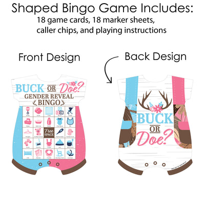 Buck or Doe - Picture Bingo Cards and Markers - Hunting Gender Reveal Party Shaped Bingo Game - Set of 18