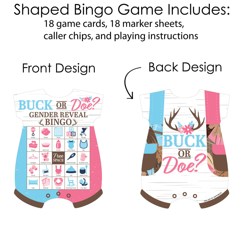 Buck or Doe - Picture Bingo Cards and Markers - Hunting Gender Reveal Party Shaped Bingo Game - Set of 18