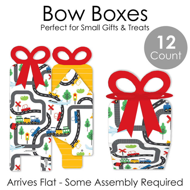 Cars, Trains, and Airplanes - Square Favor Gift Boxes - Transportation Birthday Party Bow Boxes - Set of 12