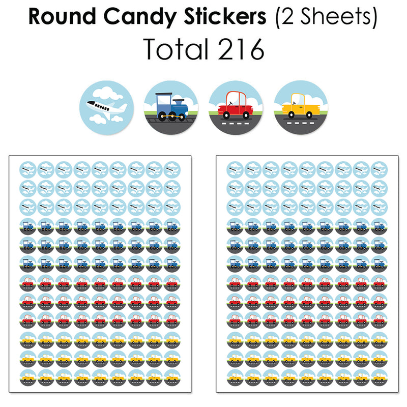 Cars, Trains, and Airplanes - Mini Candy Bar Wrappers, Round Candy Stickers and Circle Stickers - Transportation Birthday Party Candy Favor Sticker Kit - 304 Pieces