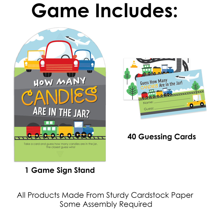 Cars, Trains, and Airplanes - How Many Candies Transportation Birthday Party Game - 1 Stand and 40 Cards - Candy Guessing Game