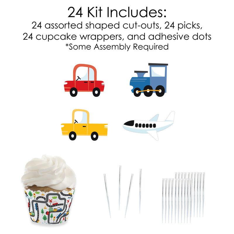 Cars, Trains, and Airplanes - Cupcake Decoration - Transportation Birthday Party Cupcake Wrappers and Treat Picks Kit - Set of 24