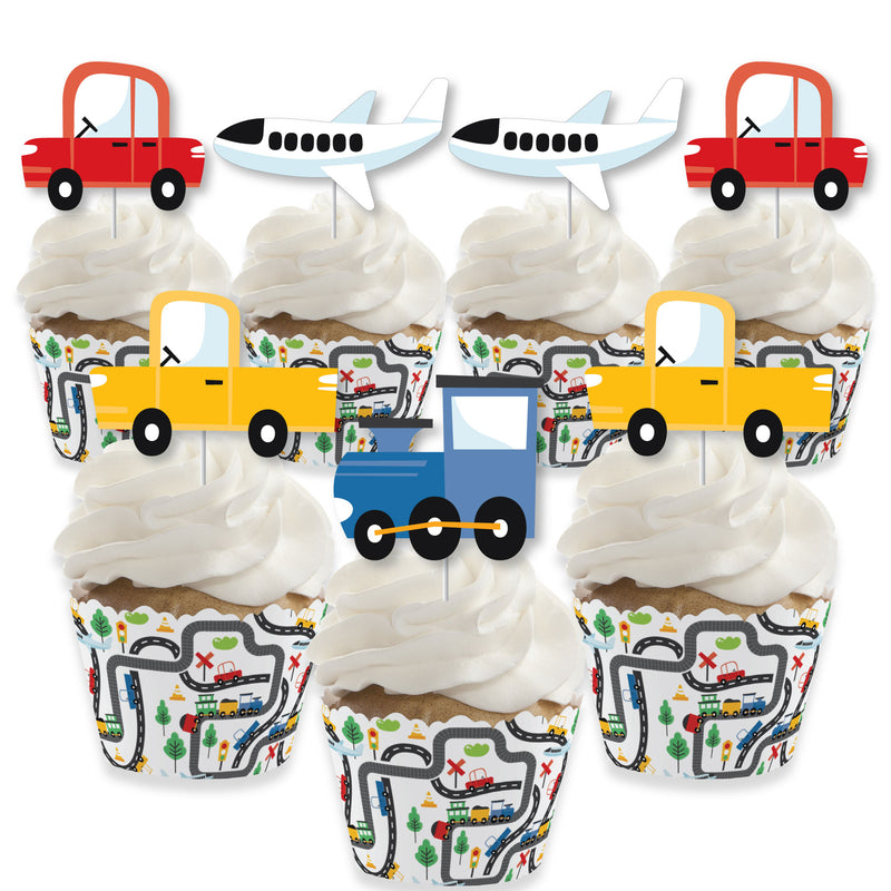 Cars, Trains, and Airplanes - Cupcake Decoration - Transportation Birthday Party Cupcake Wrappers and Treat Picks Kit - Set of 24