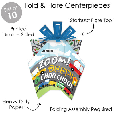 Cars, Trains, and Airplanes - Table Decorations - Transportation Birthday Party Fold and Flare Centerpieces - 10 Count