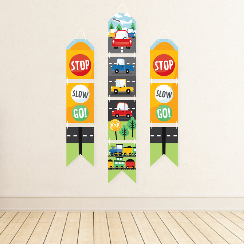 Cars, Trains, and Airplanes - Hanging Vertical Paper Door Banners - Transportation Birthday Party Wall Decoration Kit - Indoor Door Decor