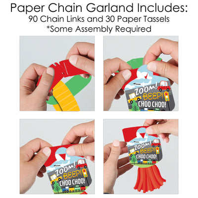 Cars, Trains, and Airplanes - 90 Chain Links and 30 Paper Tassels Decoration Kit - Transportation Birthday Party Paper Chains Garland - 21 feet