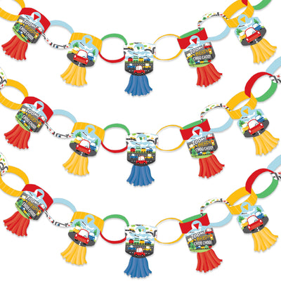 Cars, Trains, and Airplanes - 90 Chain Links and 30 Paper Tassels Decoration Kit - Transportation Birthday Party Paper Chains Garland - 21 feet