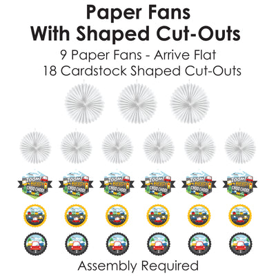 Cars, Trains, and Airplanes - Hanging Transportation Birthday Party Tissue Decoration Kit - Paper Fans - Set of 9