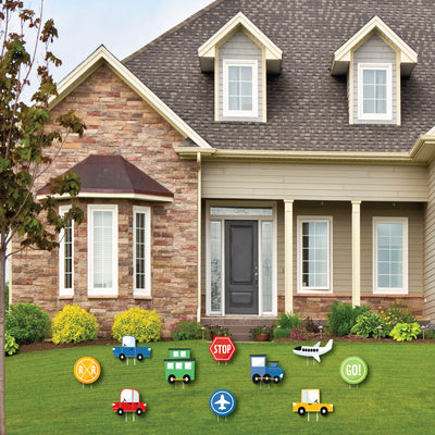 Cars, Trains, and Airplanes - Lawn Decorations - Outdoor Transportation Birthday Party Yard Decorations - 10 Piece