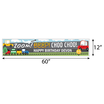 Cars, Trains, and Airplanes - Personalized Happy Birthday Transportation Party Banner