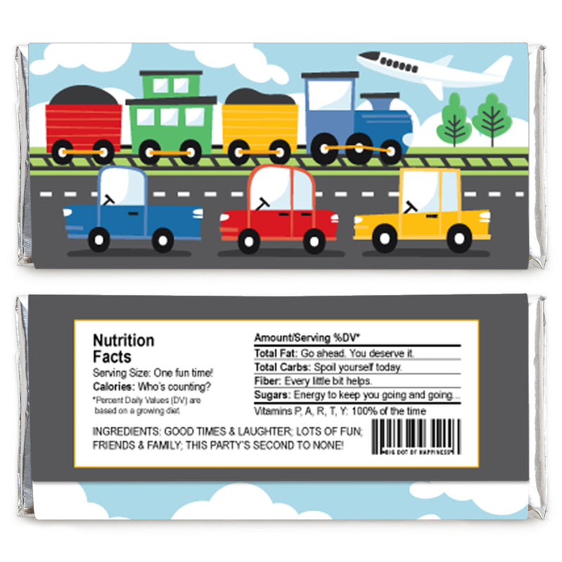 Cars, Trains, and Airplanes - Candy Bar Wrapper Transportation Birthday Party Favors - Set of 24