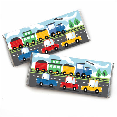 Cars, Trains, and Airplanes - Candy Bar Wrapper Transportation Birthday Party Favors - Set of 24