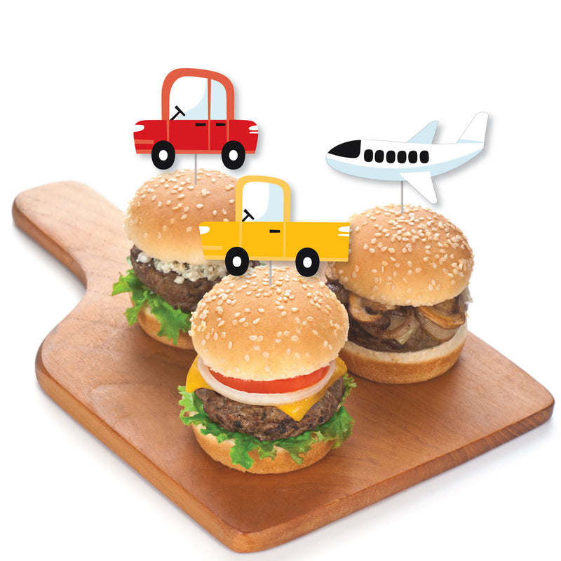 Cars, Trains, and Airplanes - Dessert Cupcake Toppers - Transportation Birthday Party Clear Treat Picks - Set of 24