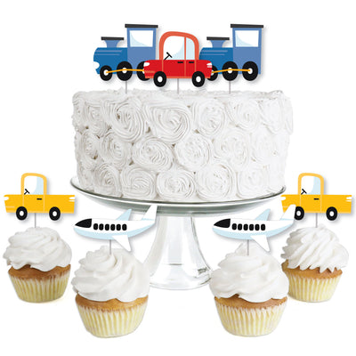 Cars, Trains, and Airplanes - Dessert Cupcake Toppers - Transportation Birthday Party Clear Treat Picks - Set of 24