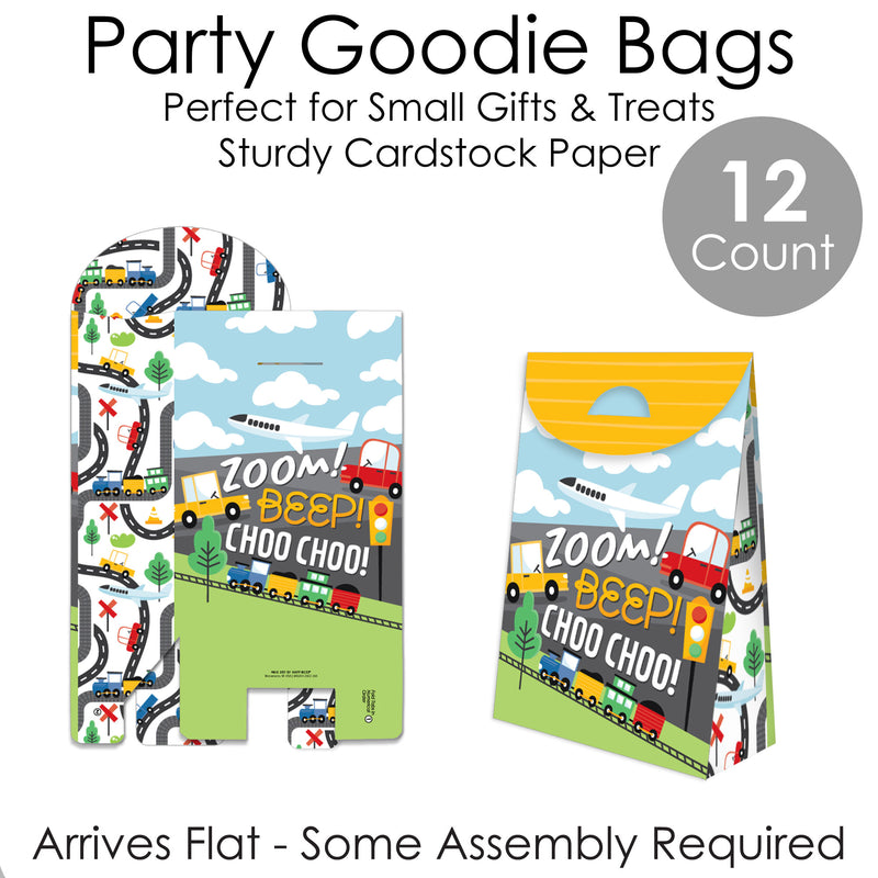 Cars, Trains, and Airplanes - Transportation Birthday Gift Favor Bags - Party Goodie Boxes - Set of 12