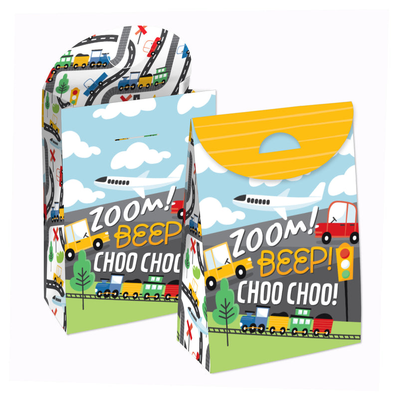 Cars, Trains, and Airplanes - Transportation Birthday Gift Favor Bags - Party Goodie Boxes - Set of 12