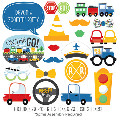 Cars, Trains, and Airplanes - Transportation Birthday Party Photo Booth Props Kit - 20 Count