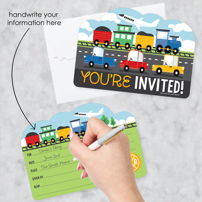 Cars, Trains, and Airplanes - Shaped Fill-In Invitations - Transportation Birthday Party Invitation Cards with Envelopes - Set of 12