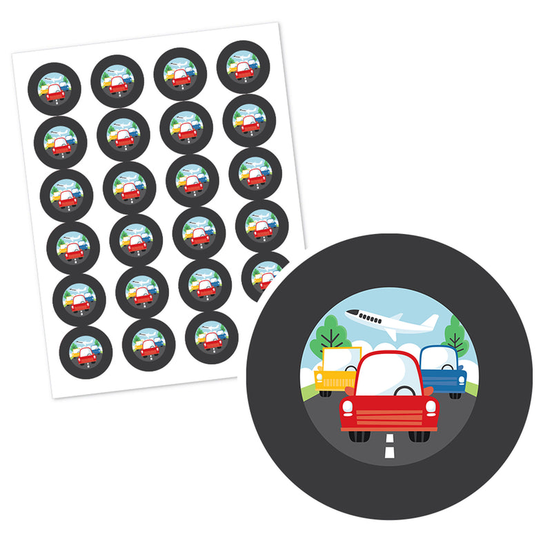 Personalized Cars, Trains, and Airplanes - Custom Transportation Birthday Party Favor Circle Sticker Labels - Custom Text - 24 Count