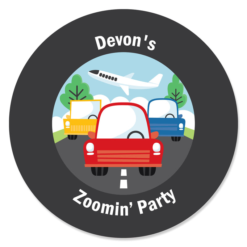 Personalized Cars, Trains, and Airplanes - Custom Transportation Birthday Party Favor Circle Sticker Labels - Custom Text - 24 Count