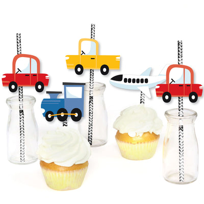 Cars, Trains, and Airplanes - Paper Straw Decor - Transportation Birthday Party Striped Decorative Straws - Set of 24